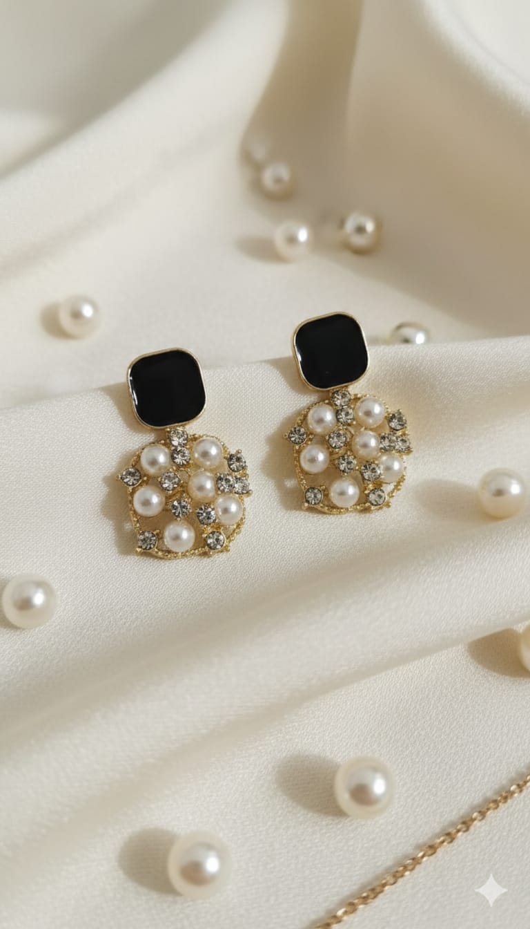 Black Square Stud Pearl Drop Earrings