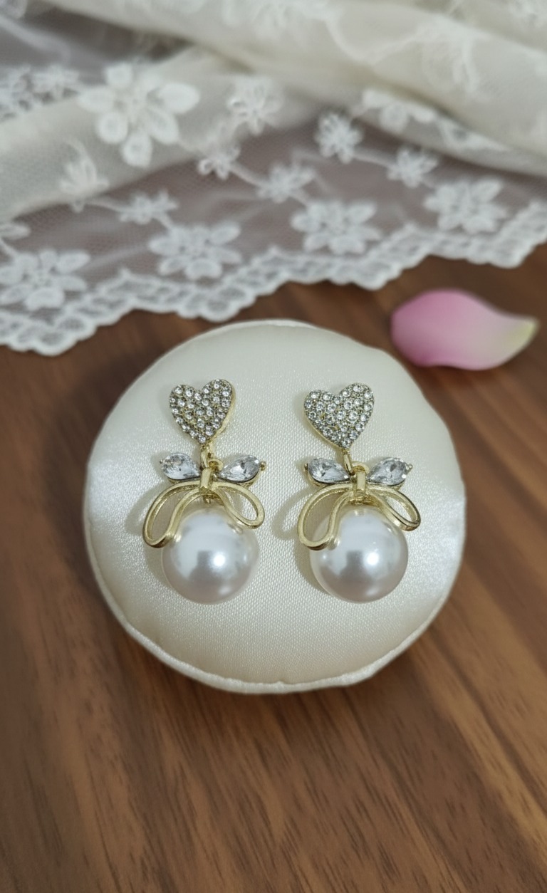 Golden Heart Pearl Drop Earrings
